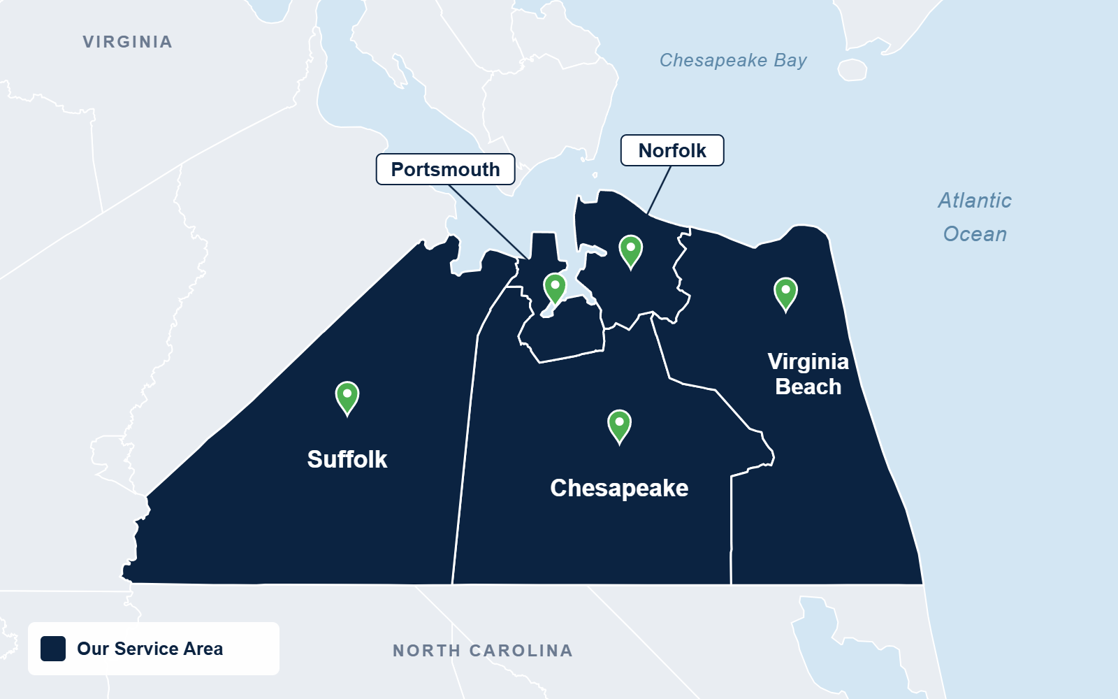Service area map highlighting Virginia Beach, Norfolk, Chesapeake, Portsmouth and Suffolk